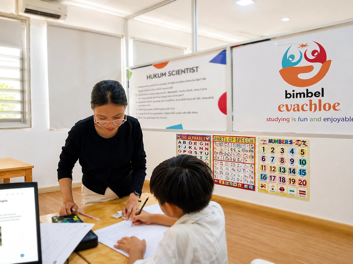 A teacher supporting a student during an academic tutoring session at Bimbel Evachlo Intercon